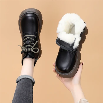 נשים של מגפי עור נעלי קטיפה אוסטרליה החורף הנעלה עגול הבוהן גודל גדול פרווה סתיו שלג 2023 רוק מרופד לוליטה בנות