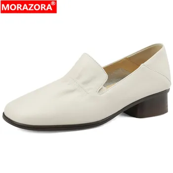 MORAZORA 2023 חדשים להחליק על אביב נשים נעלי שמלה תמציתי עור אמיתי נעלי אישה קפלים כיכר לרפואה העקבים משאבות