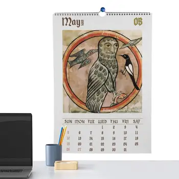 ינשופים 2024 לוח קיר מצחיק ימי הביניים ינשוף ציורים לוח שנה 2024 30X21cm מכוער ימי הביניים ינשופים 2024 12 חודש מתכננת ציפור מתנה