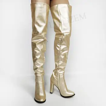 LAIGZEM נשים אופנתיות ירך גבוהה מגפי 2020 Zip הצד עבה לחסום את העקבים של זהב מגפיים מעל הברך נעלי אישה גדולה גודל 45 46 47