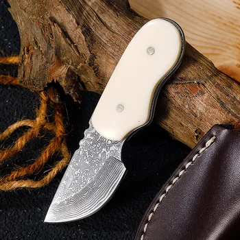 דמשק Cowbone לטפל ישר סכין מיני חיצוני קמפינג נייד קבוע להב האולר כלים ביד עם כיסוי עור