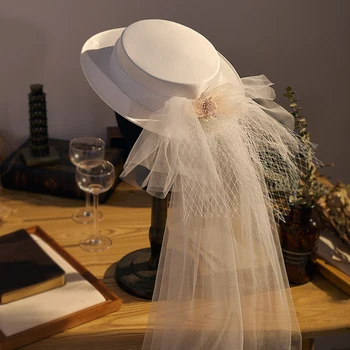 חתונה הגדולה כובע לבן אלגנטי הכלה רשמית כובע פדורה הכובעים פיות צעיף ארוך רשת Fascinators מסיבת קוקטייל כובע Headpieces