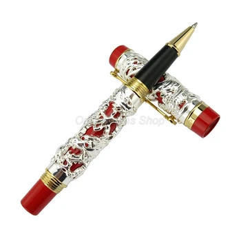 Jinhao קלאסי דרקון פיניקס עט רולר בול, מתכת גילוף הבלטה כבד עט כסוף ואדום על כתיבה עט דיו JR002