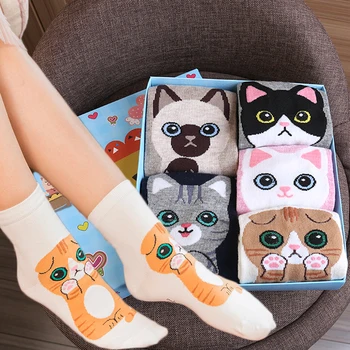 1/5 זוג מצחיק Kawaii 3D חתול הדפסה קצרים גרביים מכותנה אופנה Harajuku היפ הופ אופנה יפנית רכה נשים חיות נעלי בית, גרביים