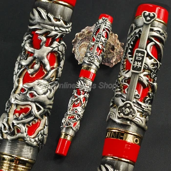 Jinhao מפואר הדרקון פיניקס עט נובע ממתכת גילוף הבלטה כבד עט אפור ואדום לכתיבת מתנה עט JF002