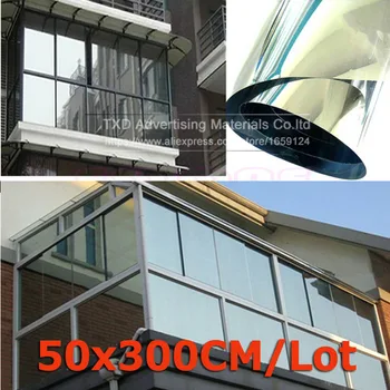 50*300cm/הרבה כסף סרט חלון אחד כיוונית בידוד מדבקות השמש רעיוני כסף בניין חלון הגנה סרט